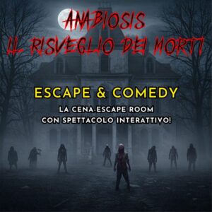 Zombi davanti a una villa infestata nella locandina di Anabiosis, escape room comica con spettacolo interattivo