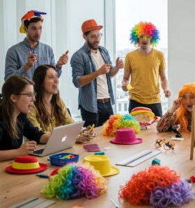 Dipendenti aziendali si preparano a uno spettacolo indossando parrucche e cappelli colorati durante un'attività di team building creativo